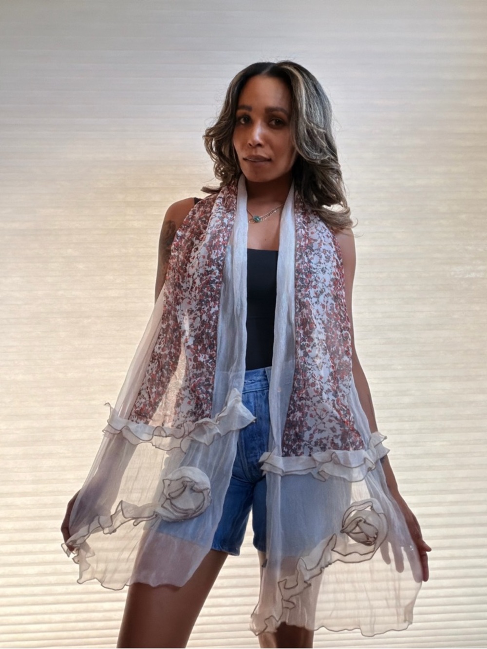 Cream Floral Sheer Scarf with Ruffle Trim